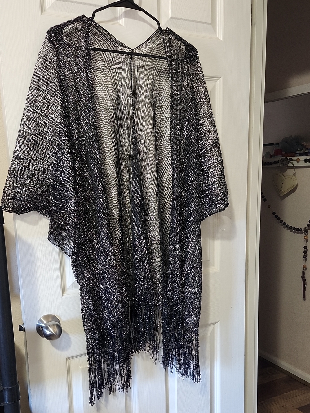 Sheer Metallic Fringe Kimono Shawl - Black & Silver